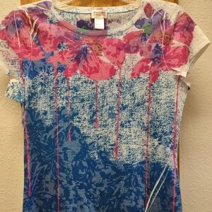 Mossimo Supply Co. Pink & Blue Floral Drip Tee Large